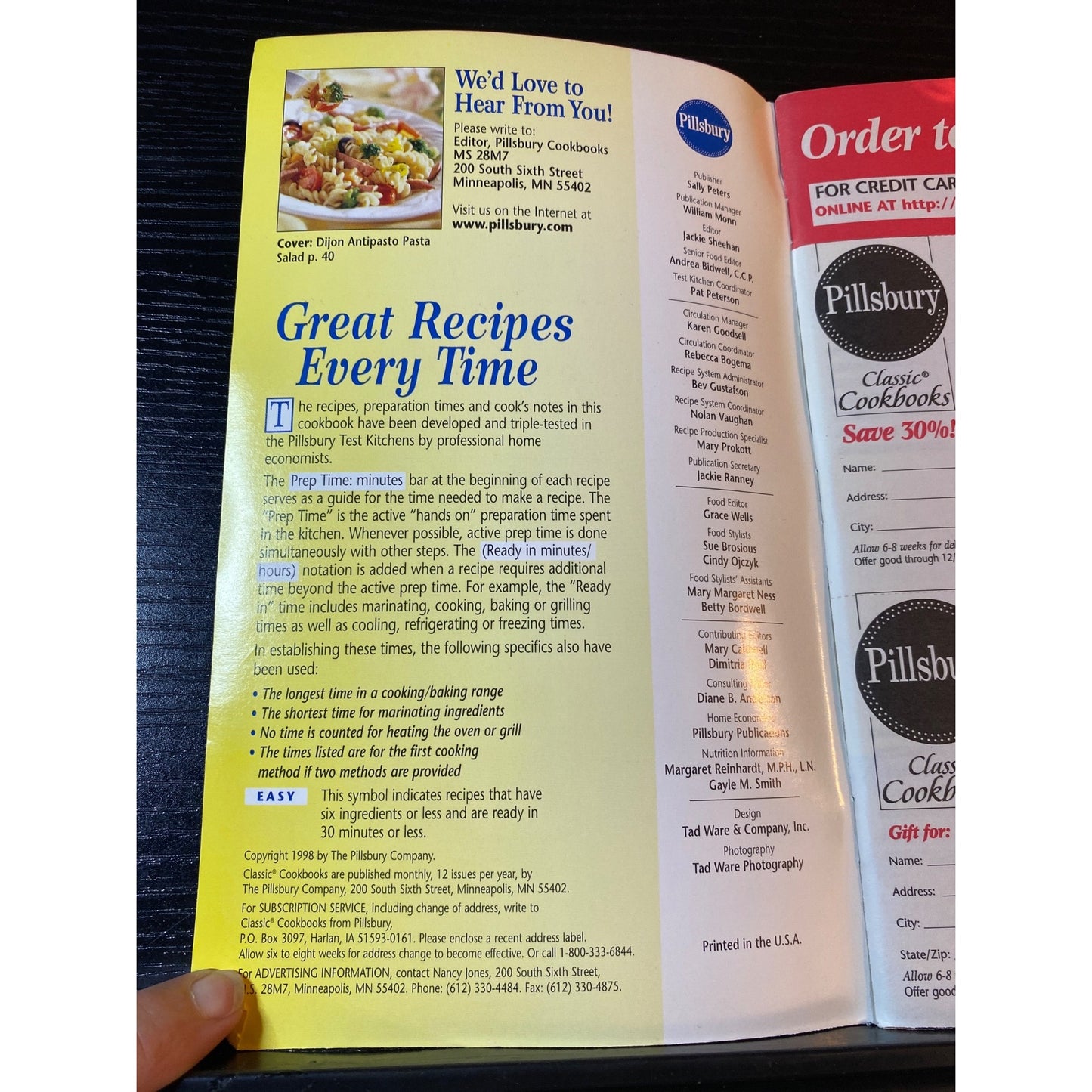 Pillsbury Classic Cookbook Booklet Pasta June 1998 Issue #208