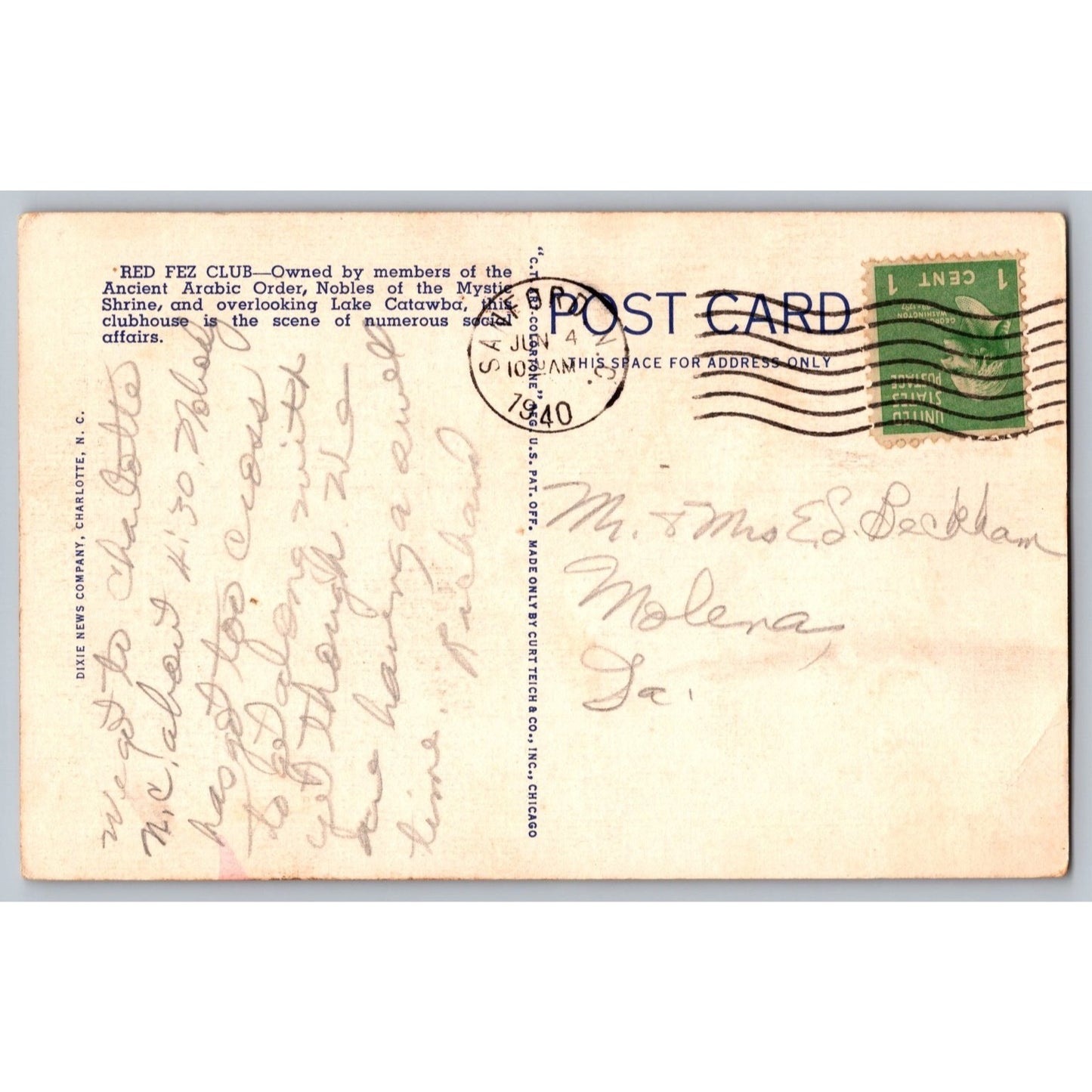 Charlotte NC North Carolina Red Fez Country Club Lake Catawba 1940 Postcard Used