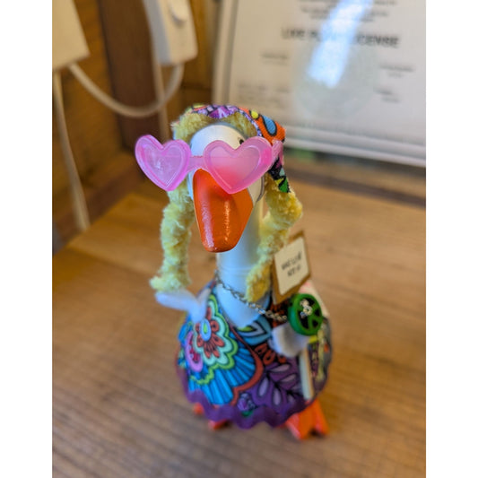 Hippy Chick 7" Goose Figurine Handcrafted Themed Outfit Peace Sign Necklace