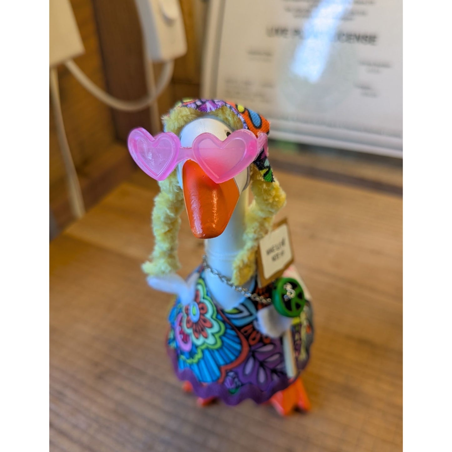 Hippy Chick 7" Goose Figurine Handcrafted Themed Outfit Peace Sign Necklace