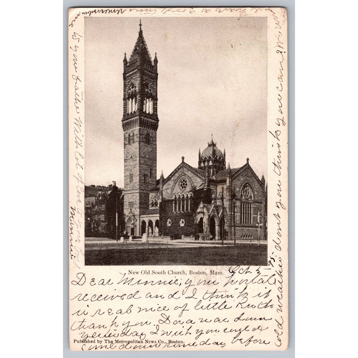 Boston MA Massachusetts New Old South Church 1905 Undivided Back Postcard Used