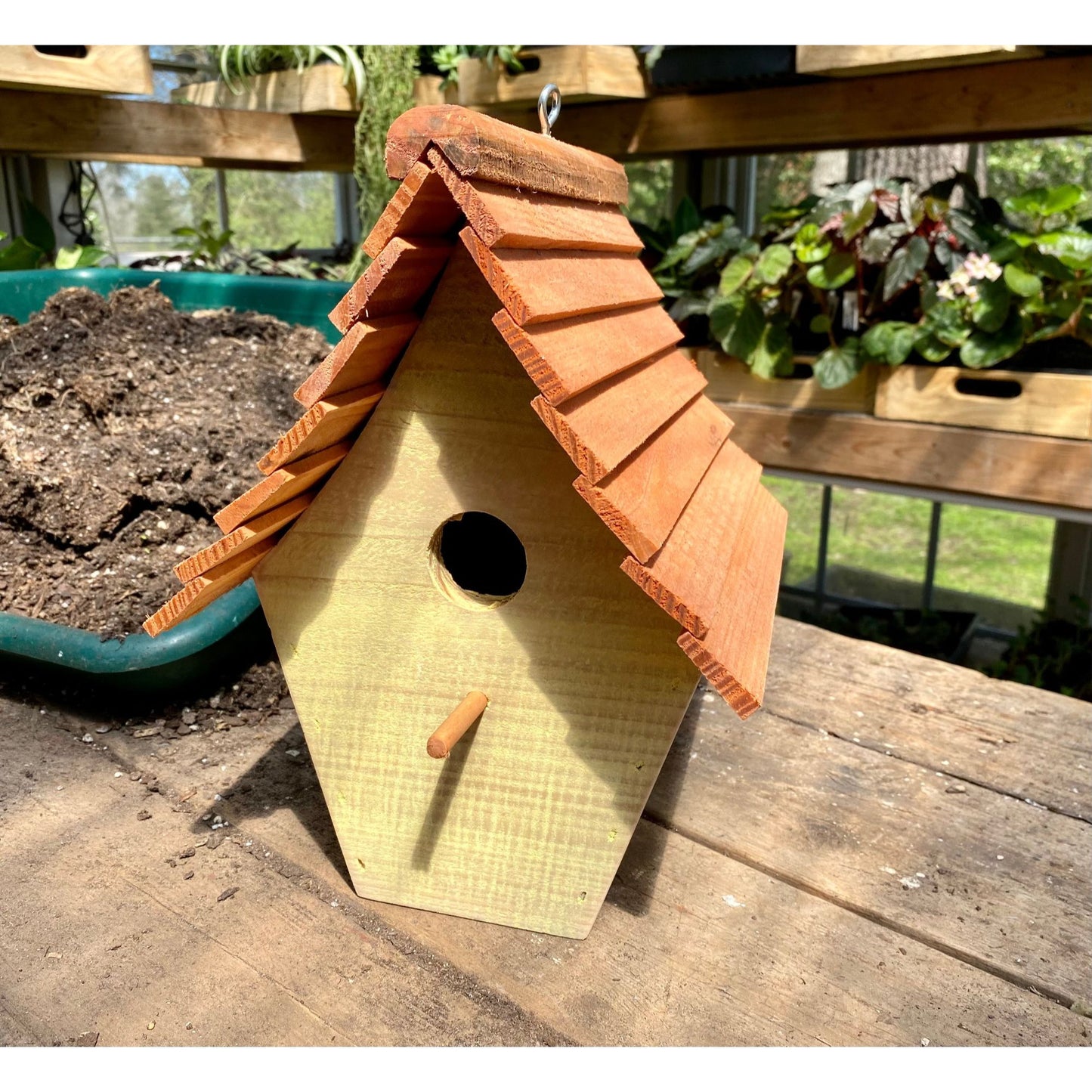 Handmade Birdhouse for Outdoor Use - Buttercup Yellow Milk Paint and Stained Roof