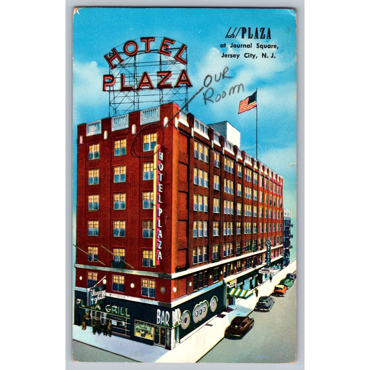 Jersey City NJ New Jersey Hotel Plaza Grill Bar 1960s Chrome Postcard Used