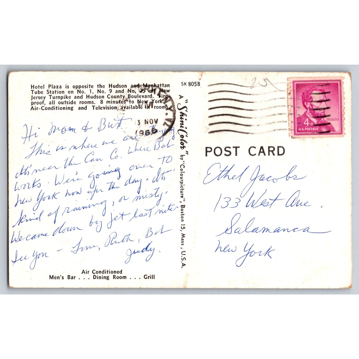 Jersey City NJ New Jersey Hotel Plaza Grill Bar 1960s Chrome Postcard Used