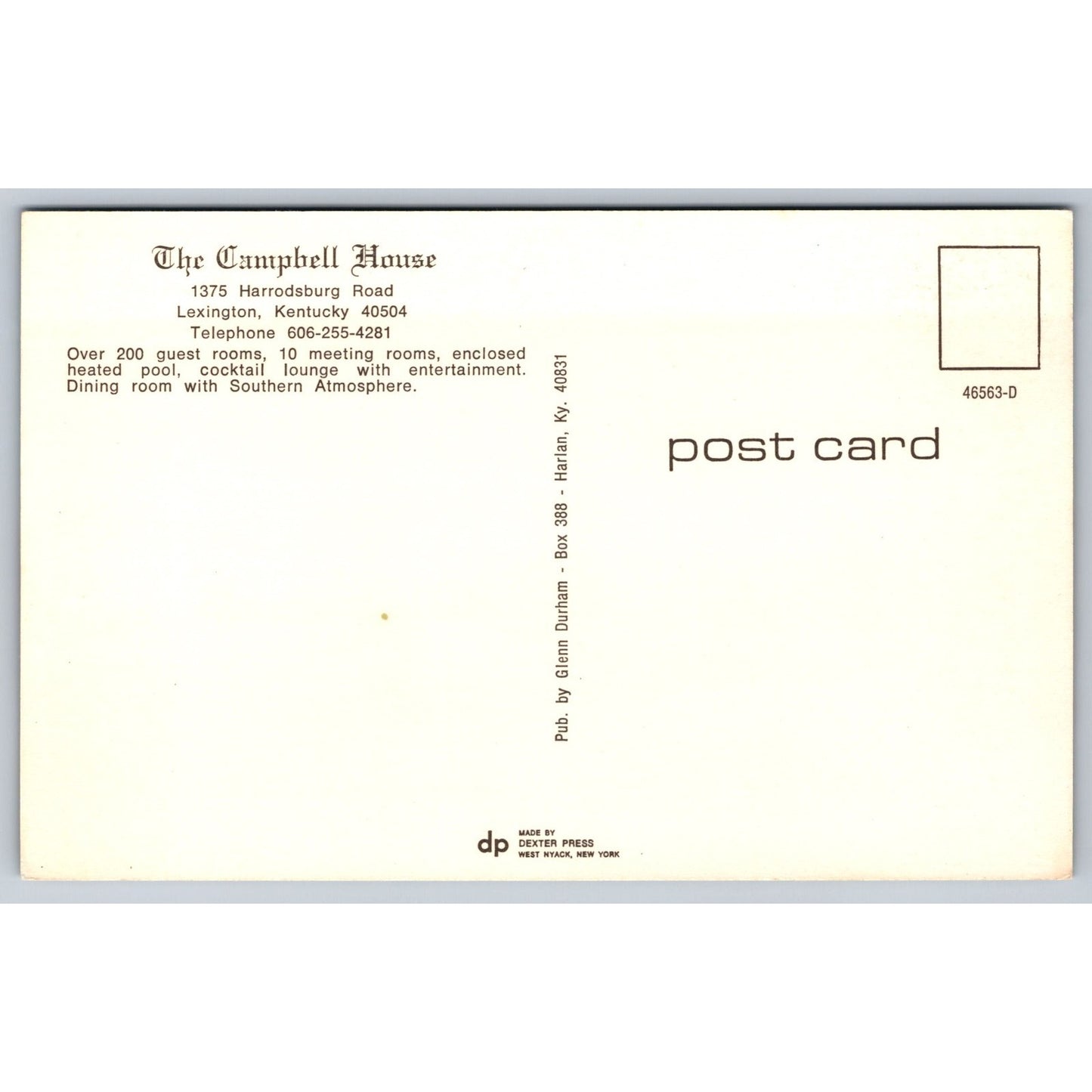 Lexington KY Kentucky Campbell House Chrome Postcard Unused