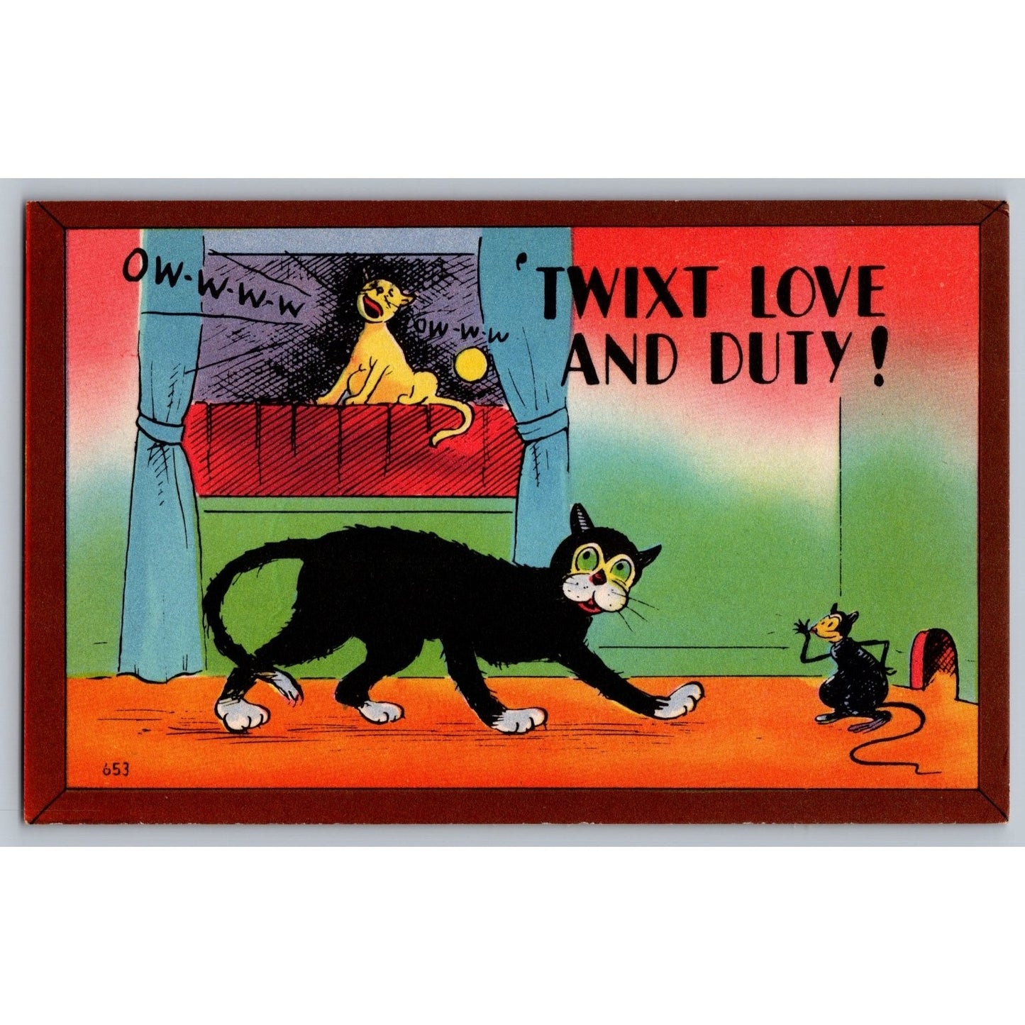 Comic Postcard Humorous Twixt Love and Duty Black Cat & Mouse Cartoon Unused