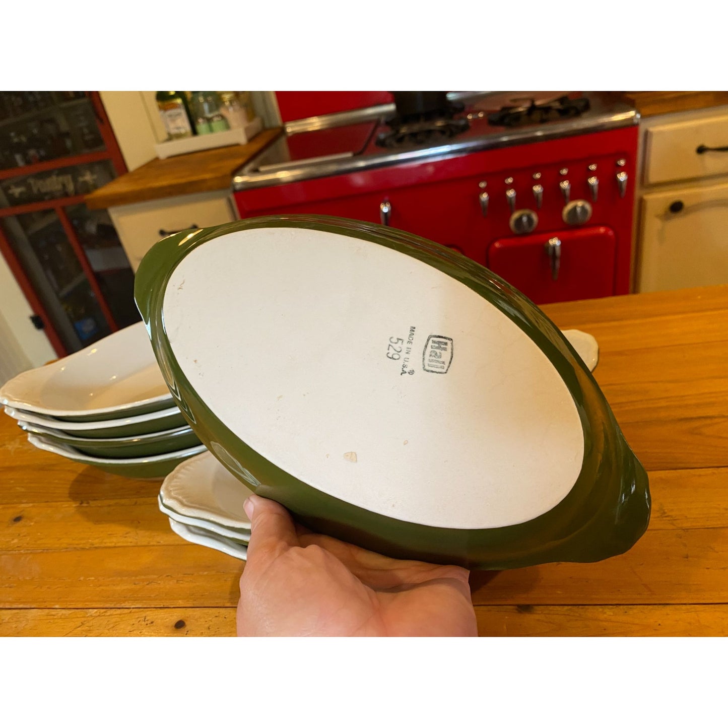 Hall 529 Green & White Oval Baking Dishes With Handles USA Made Set of 4