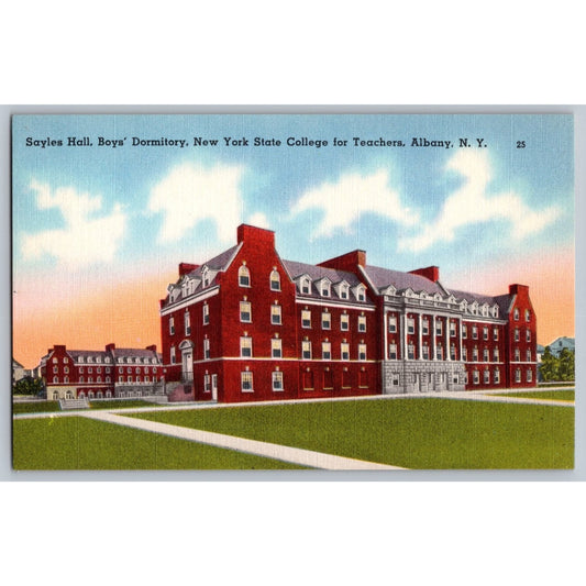 Albany NY New York State Teachers College Sayles Hall Boys' Dorm Linen Postcard