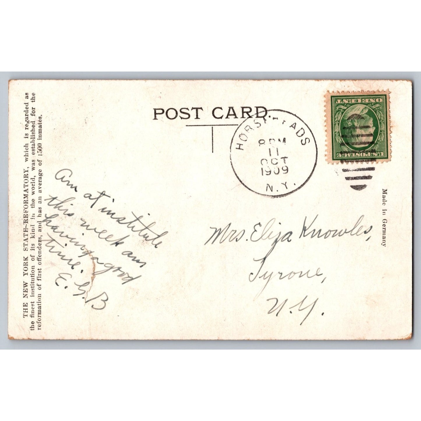 Elmira NY New York State Reformatory 1909 Undivided Postcard Used