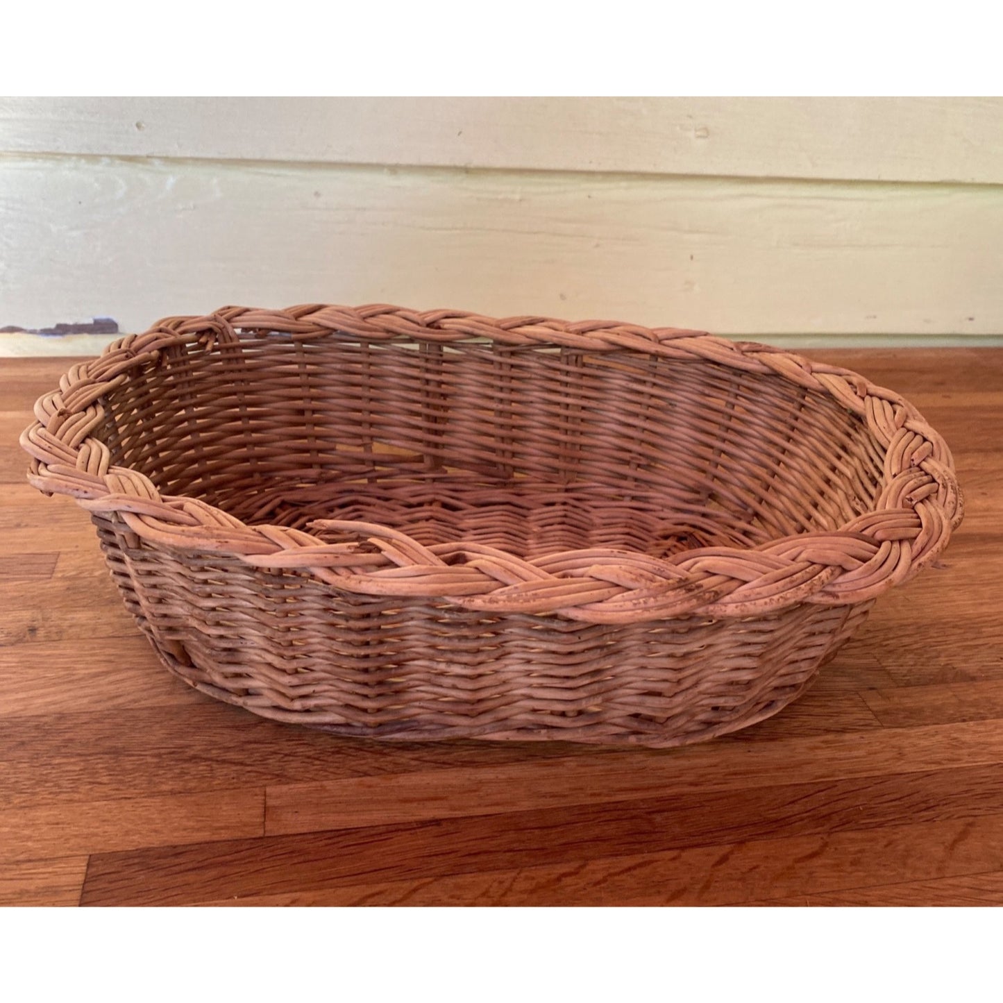 Woven Oval Wicker Basket With Braided Rim - Decorative Or Functional Use