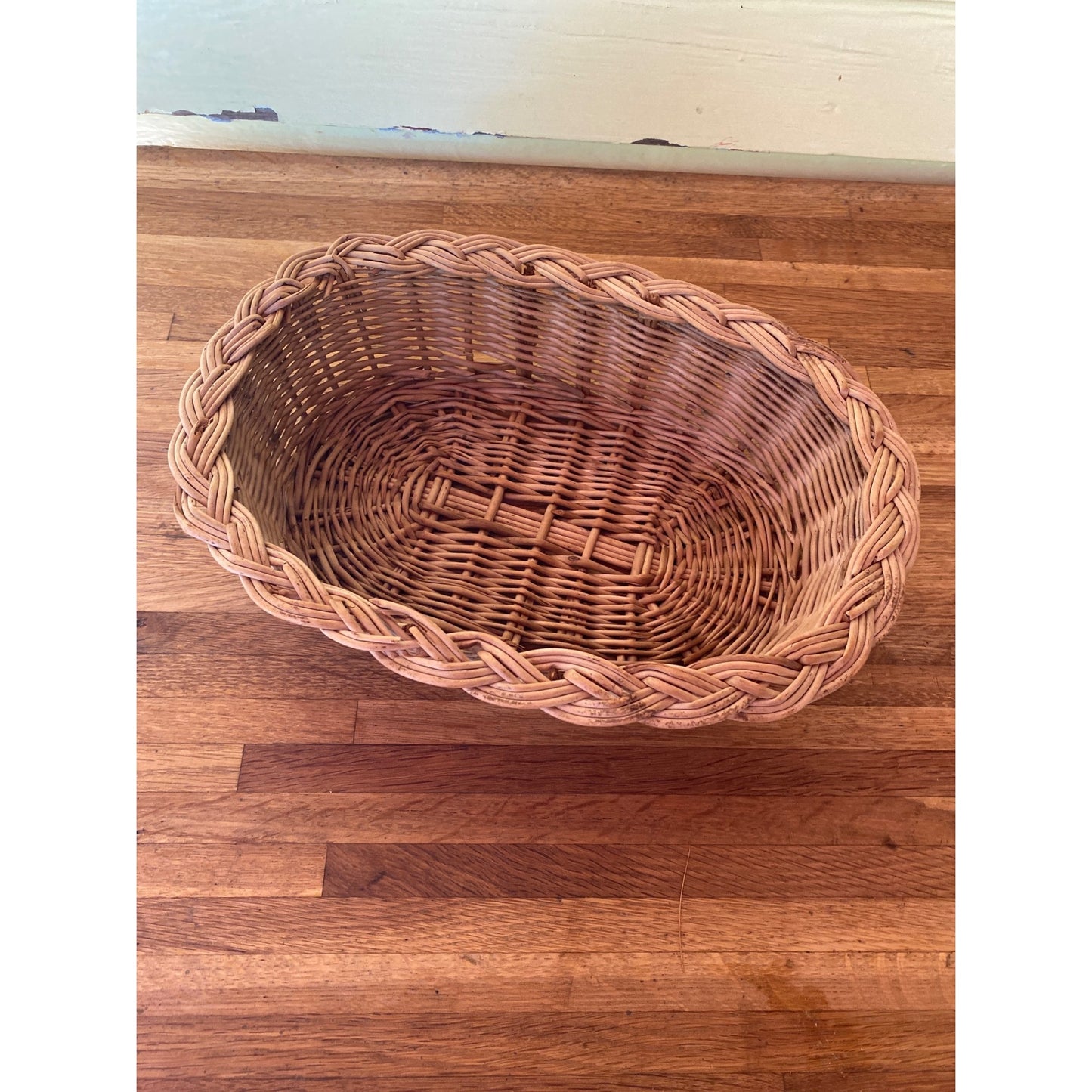 Woven Oval Wicker Basket With Braided Rim - Decorative Or Functional Use