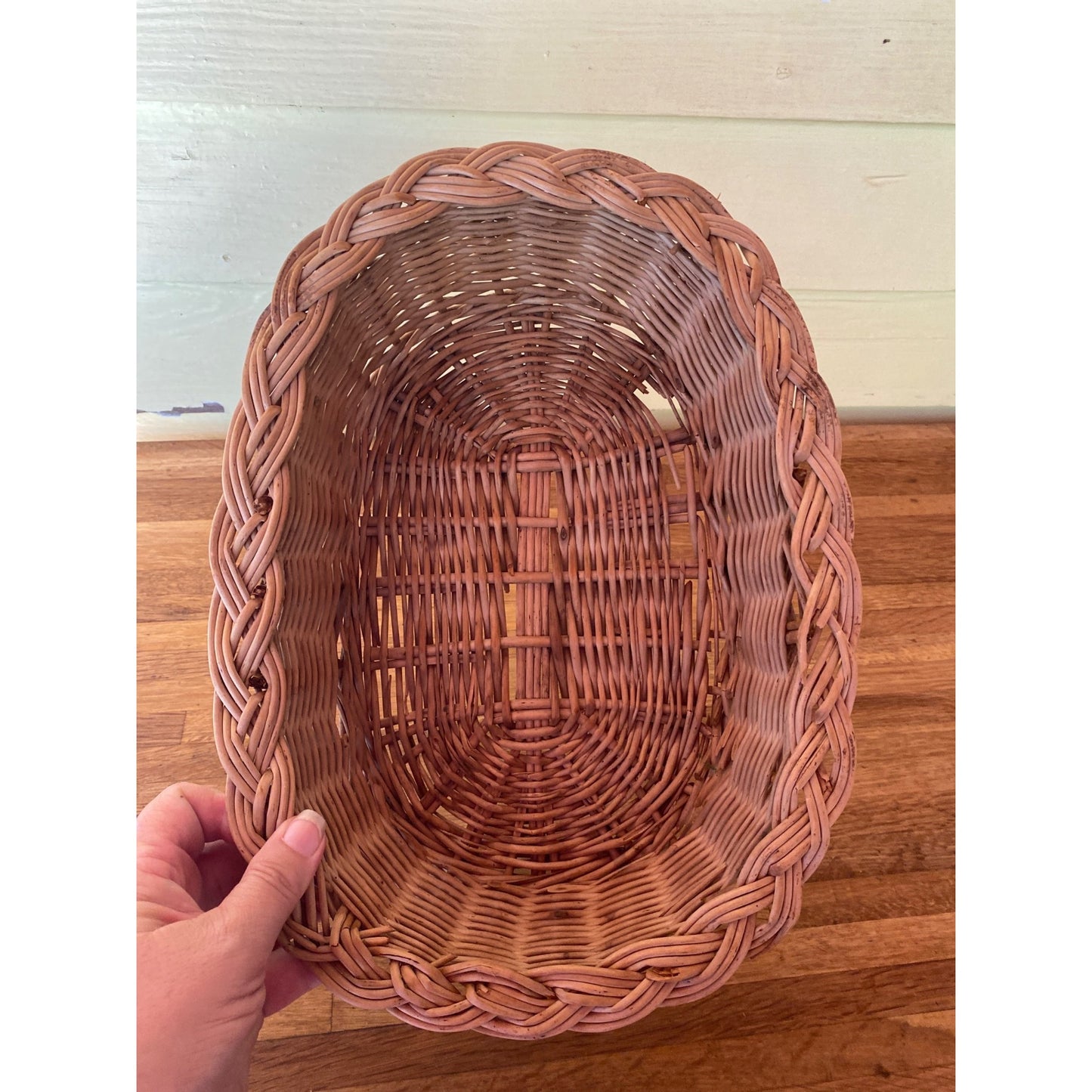 Woven Oval Wicker Basket With Braided Rim - Decorative Or Functional Use