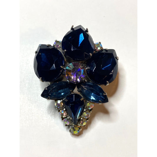 Brooch Juliana Delizza & Elster Blue Rhinestone Floral Aurora Borealis Accents