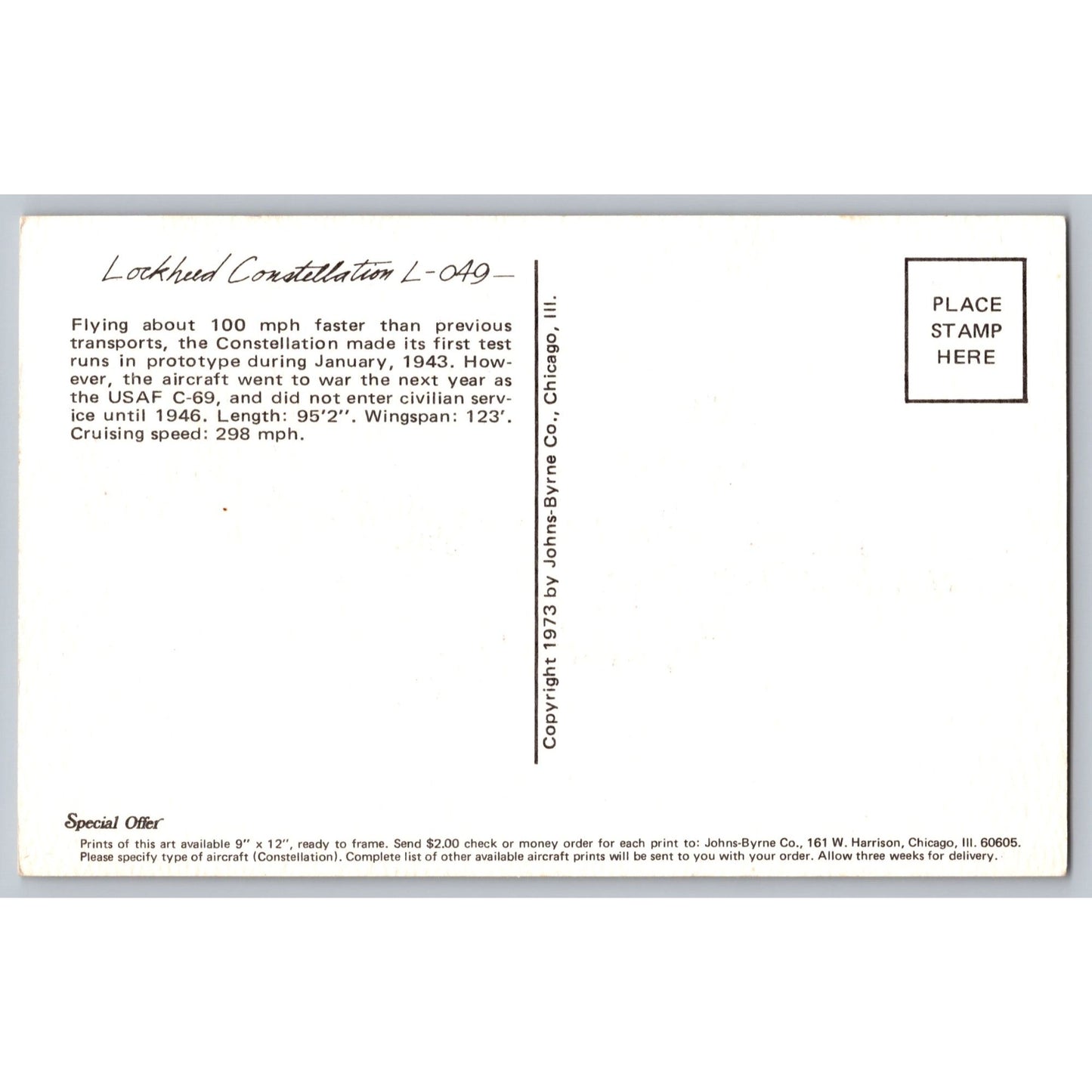 Airplane Lockheed Constellation L-049 John Byrne Co 1973 Illustrated Postcard Unused
