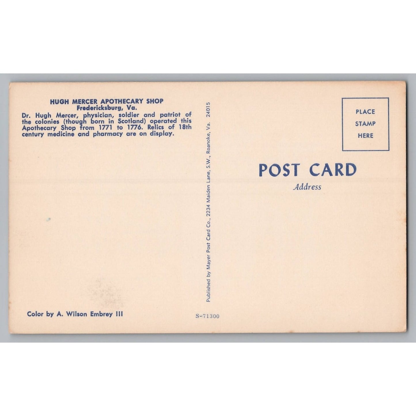 Fredericksburg VA Virginia Hugh Mercer Apothecary Shop Chrome Postcard