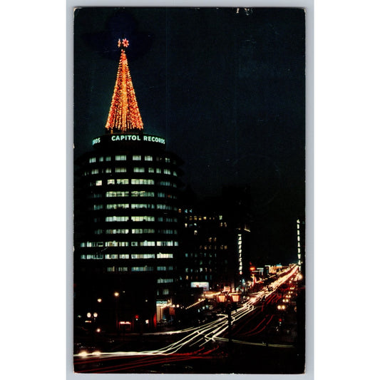 Hollywood CA California Vine St Night View Christmas Capitol Records Postcard