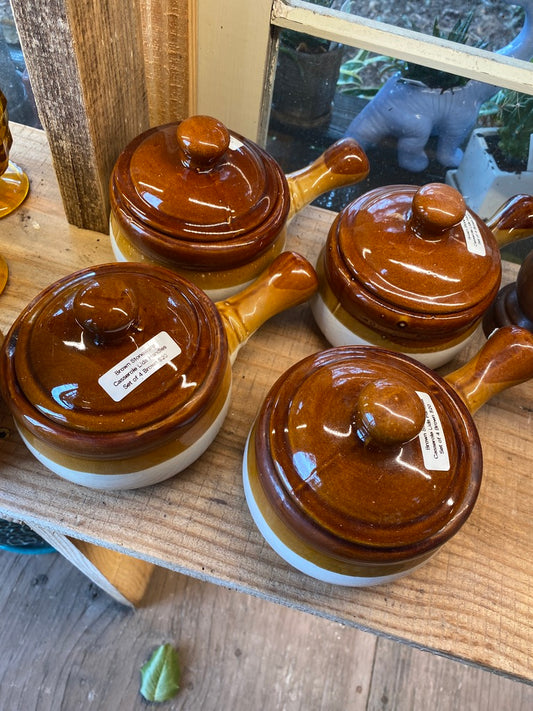 Vintage French Onion Soup Bowls Individual Stoneware Casserole Dishes w/ Stick Set of 4 Handle