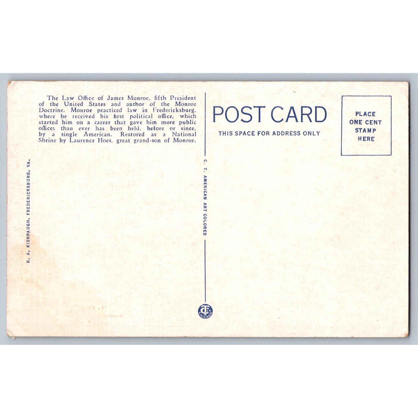 Fredericksburg VA Virginia James Monroe Shrine White Border Postcard Unused