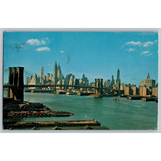 New York City NY Lower Manhattan Skyline Brooklyn Bridge Chrome Postcard