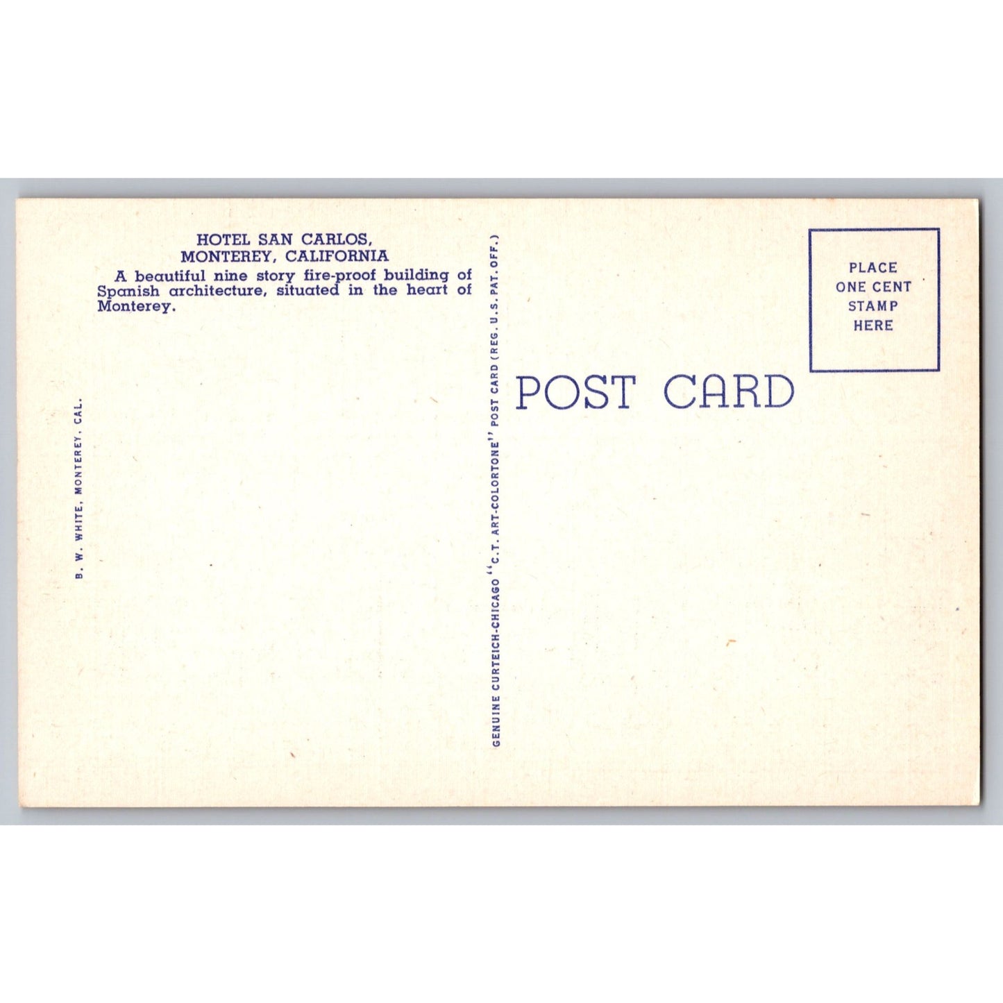 Monterey CA California Hotel San Carlos 1940s Linen Postcard Unused