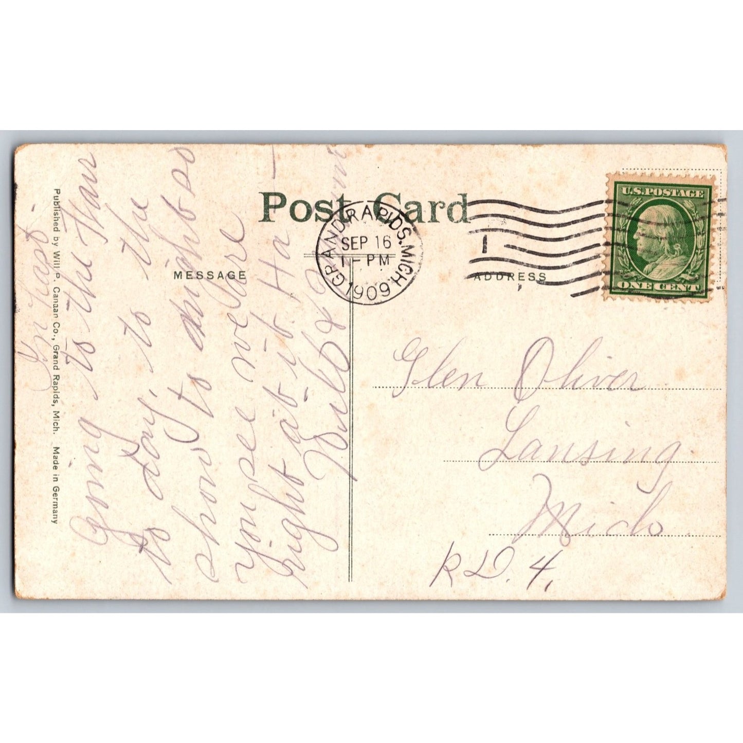Grand Rapids MI Michigan Highland Park 1909 Divided Back Postcard Used