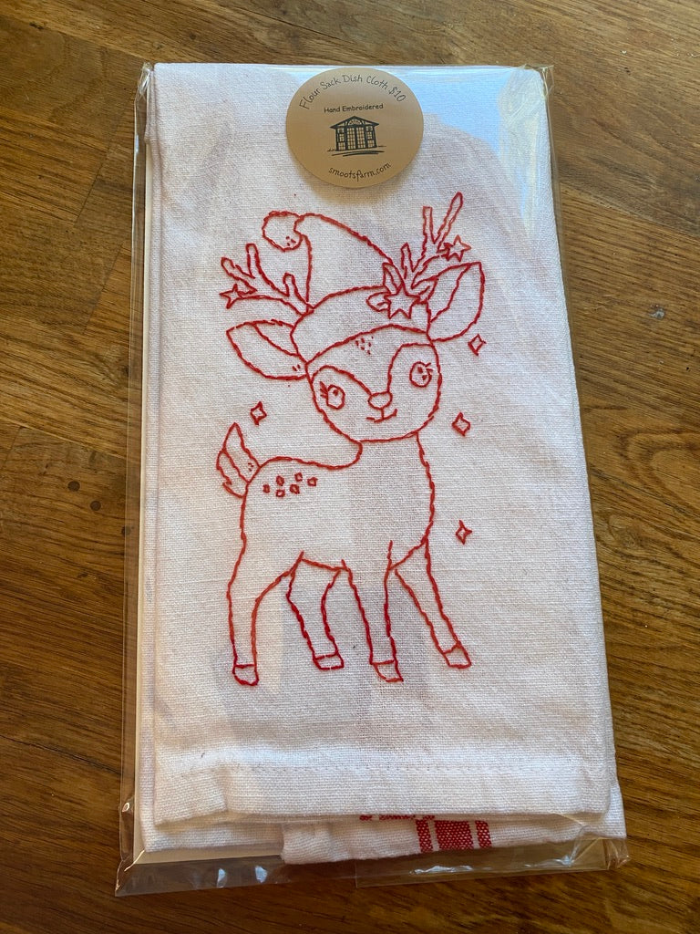 Hand Embroidered Flour Sack Cloth - Christmas Deer - Red Stripe