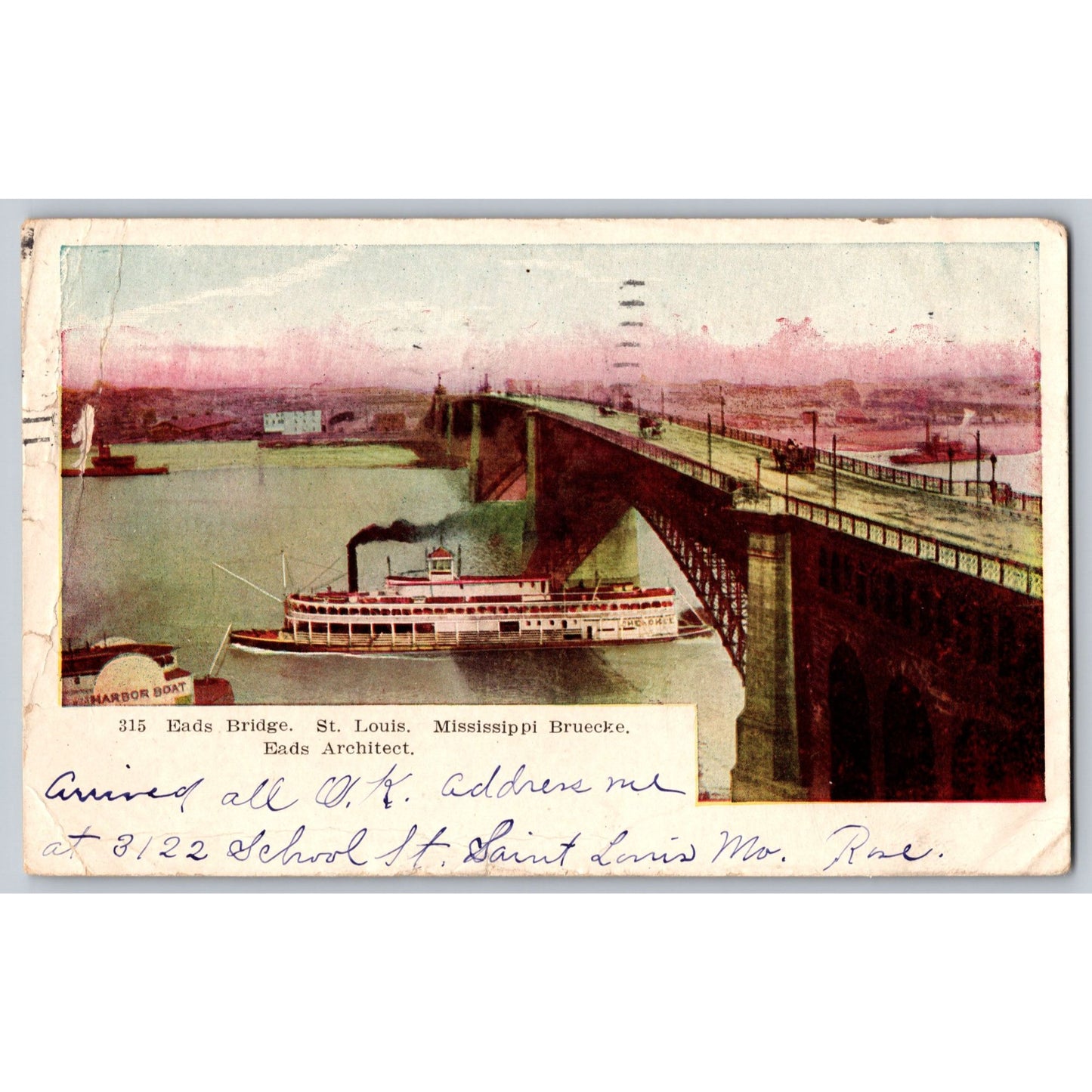 St Louis MO Missouri Eads Bridge Steamboat 1905 Undivided Postcard Adolph Selige