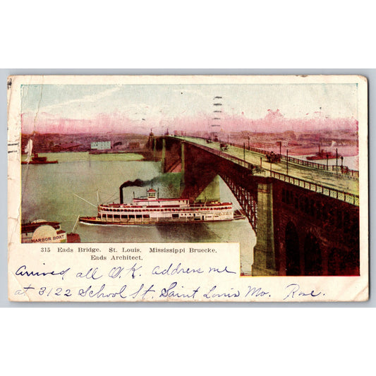 St Louis MO Missouri Eads Bridge Steamboat 1905 Undivided Postcard Adolph Selige