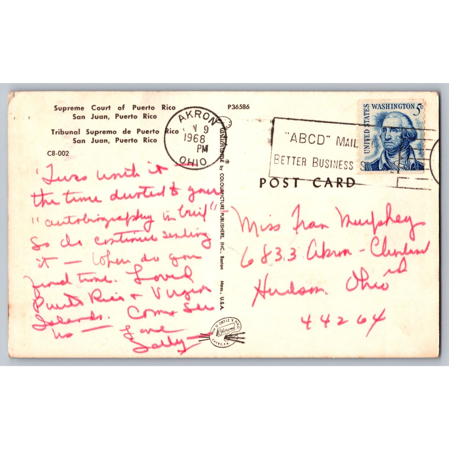 San Juan Puerto Rico Supreme 1968 Chrome Postcard Used Akron Stamp