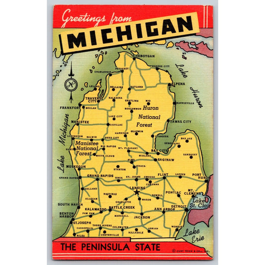 Michigan MI Map Postcard Curt Teich 1940s-50s Linen Postcard Unused