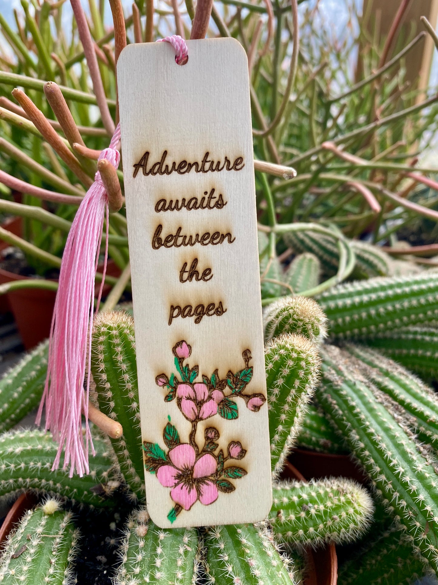 Bookmark Hand Painted Wood Engraved Adventure Awaits Between The Pages