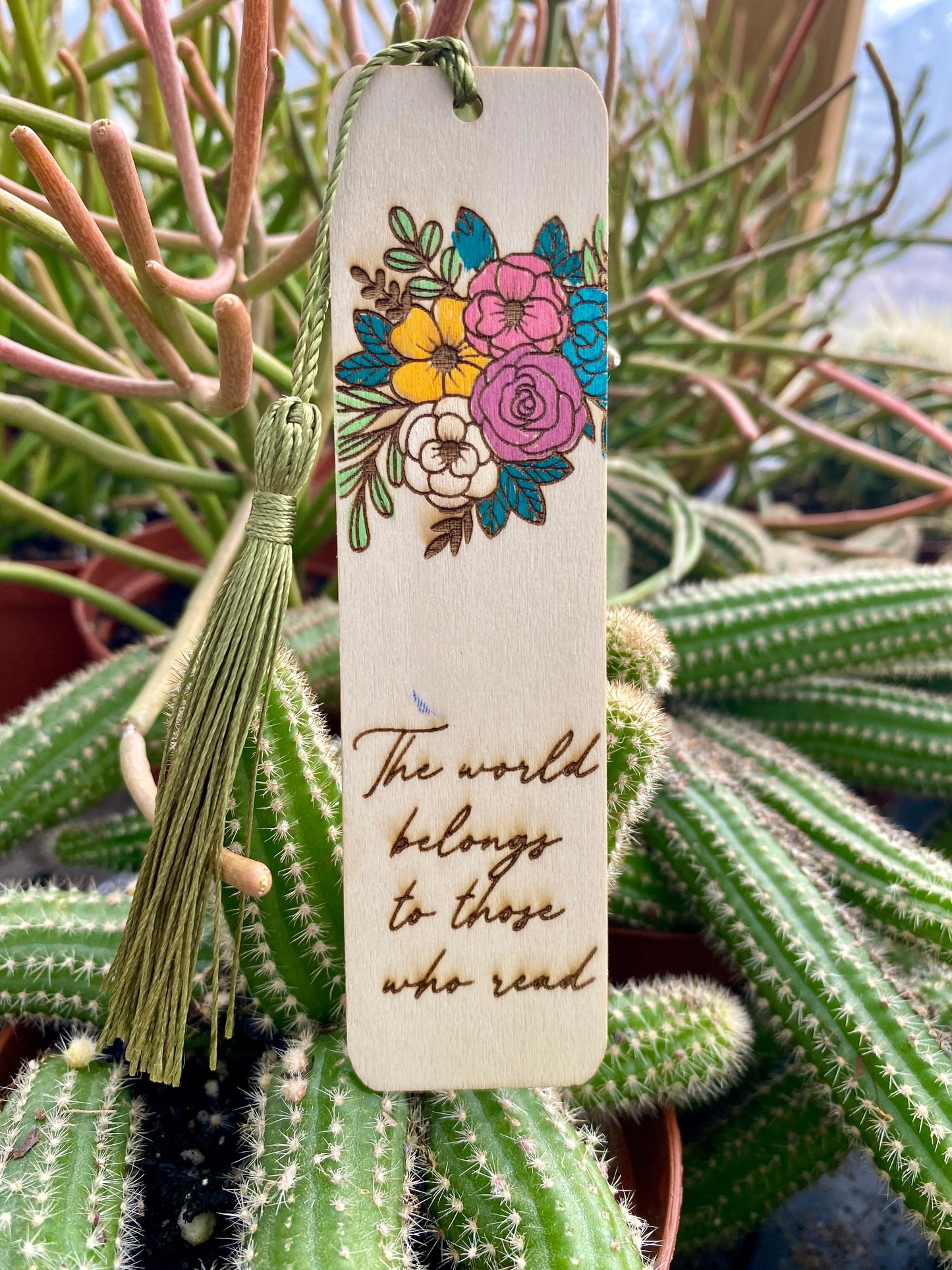 Bookmark Hand Painted Wood Engraved The World Belongs To Those Who Read II