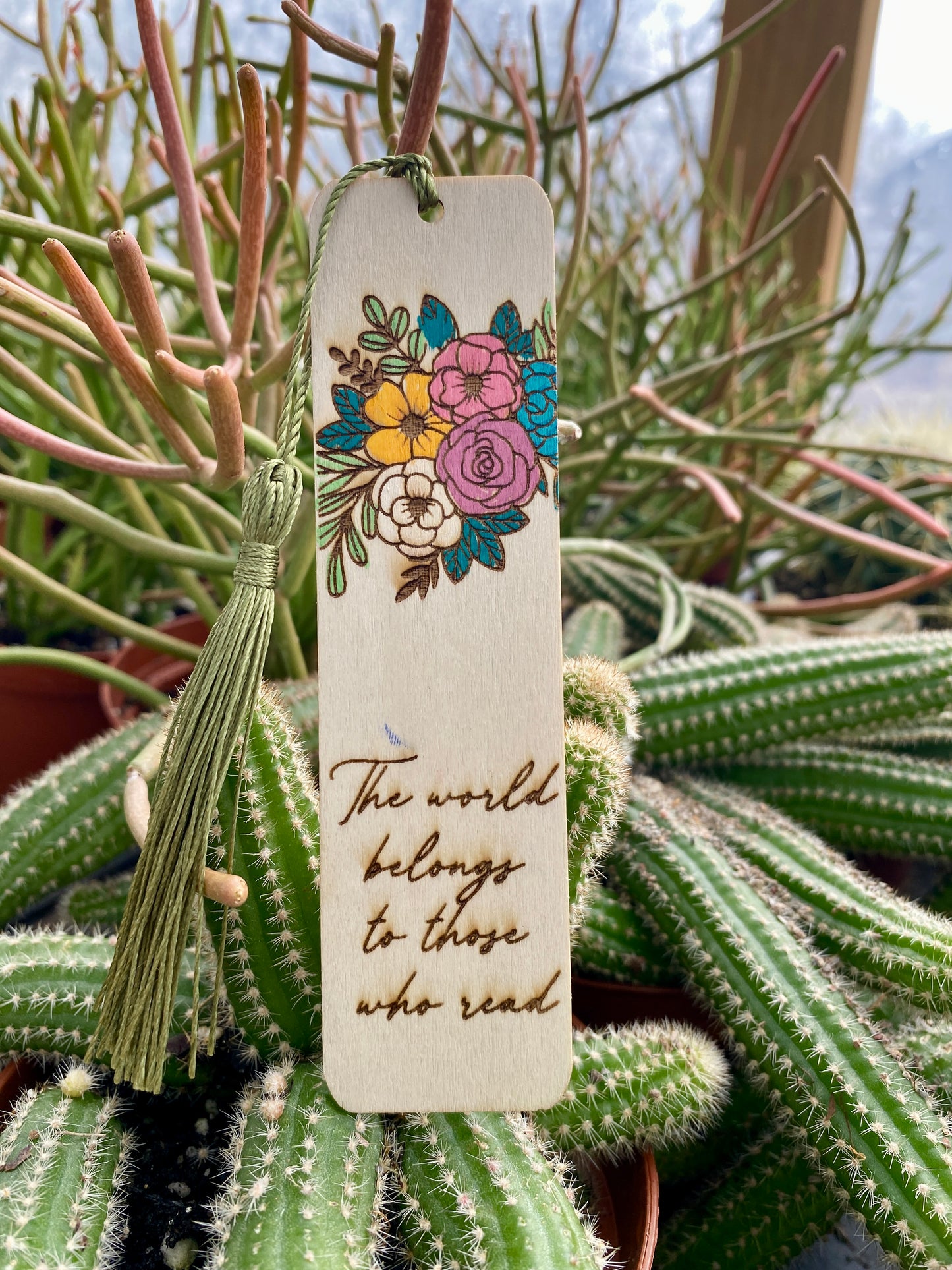 Bookmark Hand Painted Wood Engraved The World Belongs To Those Who Read II