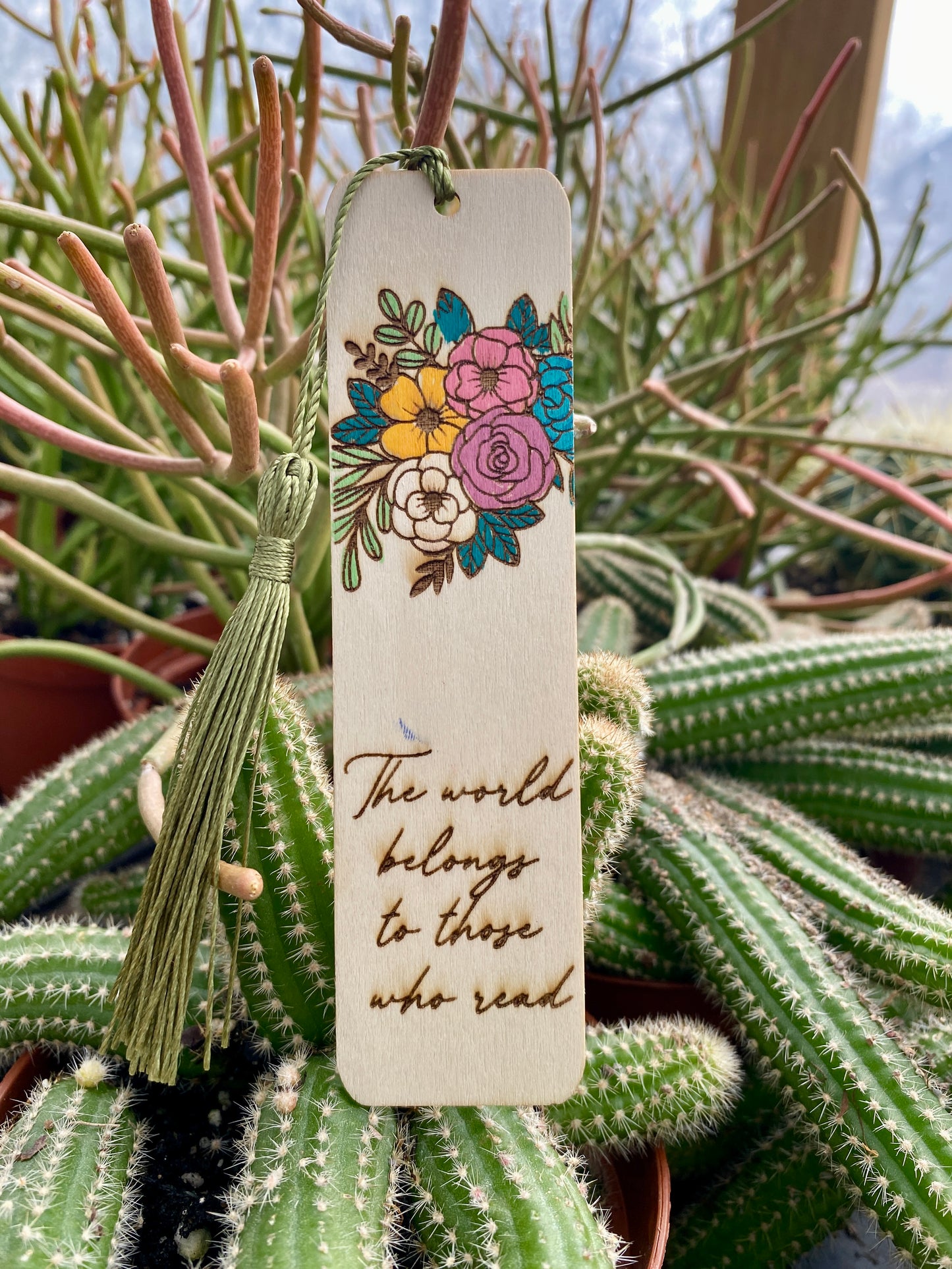 Bookmark Hand Painted Wood Engraved The World Belongs To Those Who Read II