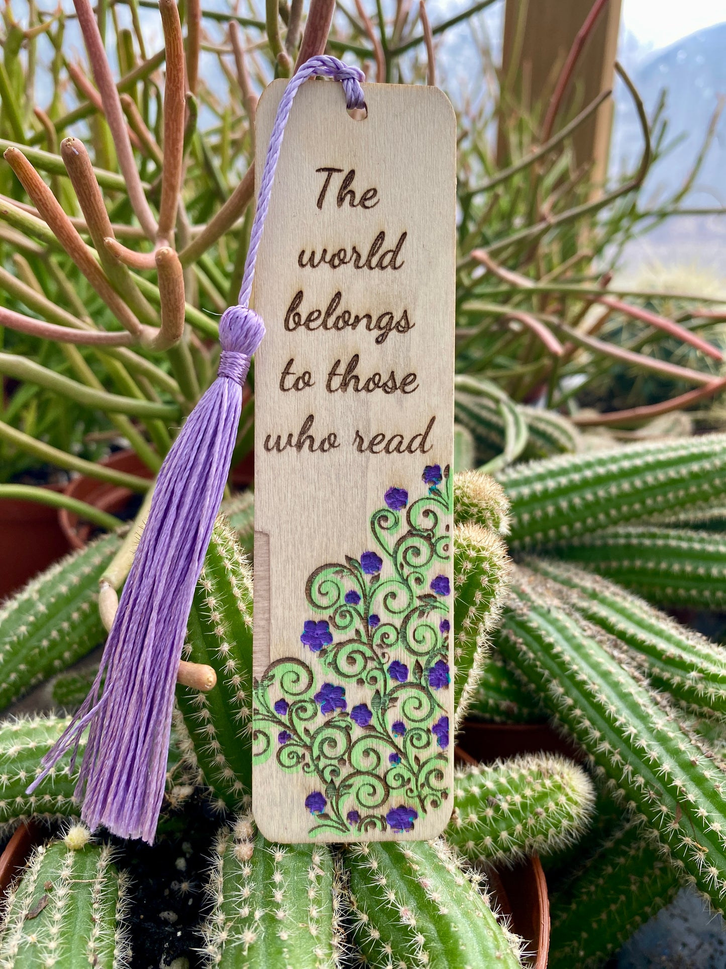 Bookmark Hand Painted Wood Engraved The World Belongs To Those Who Read