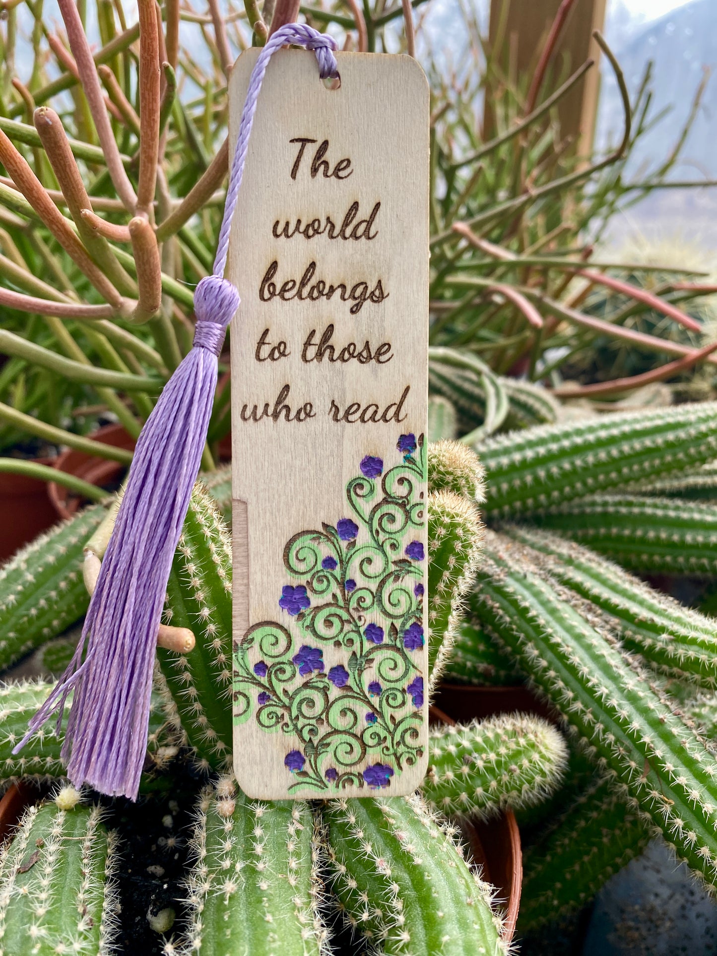 Bookmark Hand Painted Wood Engraved The World Belongs To Those Who Read