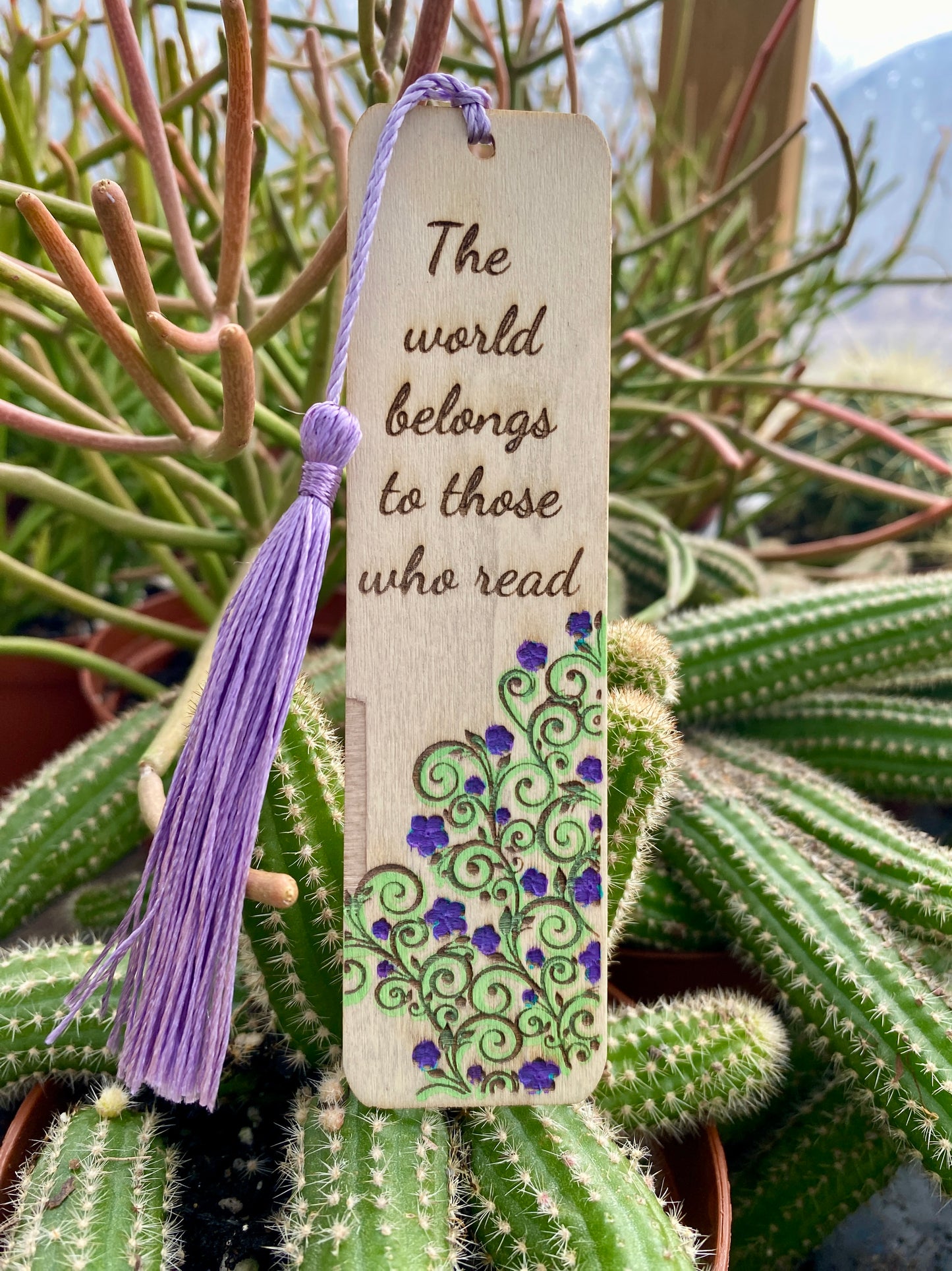 Bookmark Hand Painted Wood Engraved The World Belongs To Those Who Read