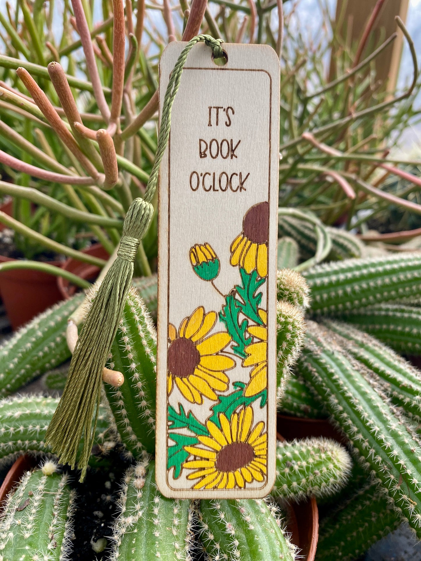 Bookmark Hand Painted Wood Engraved It's Book O'Clock