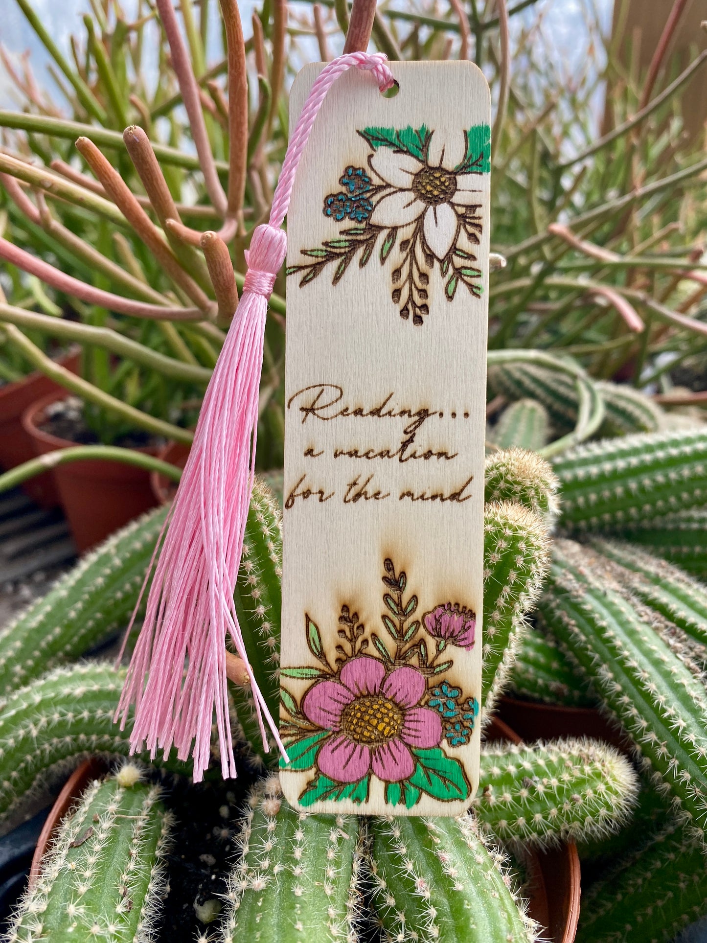 Bookmark Hand Painted Wood Engraved Read A Vacation