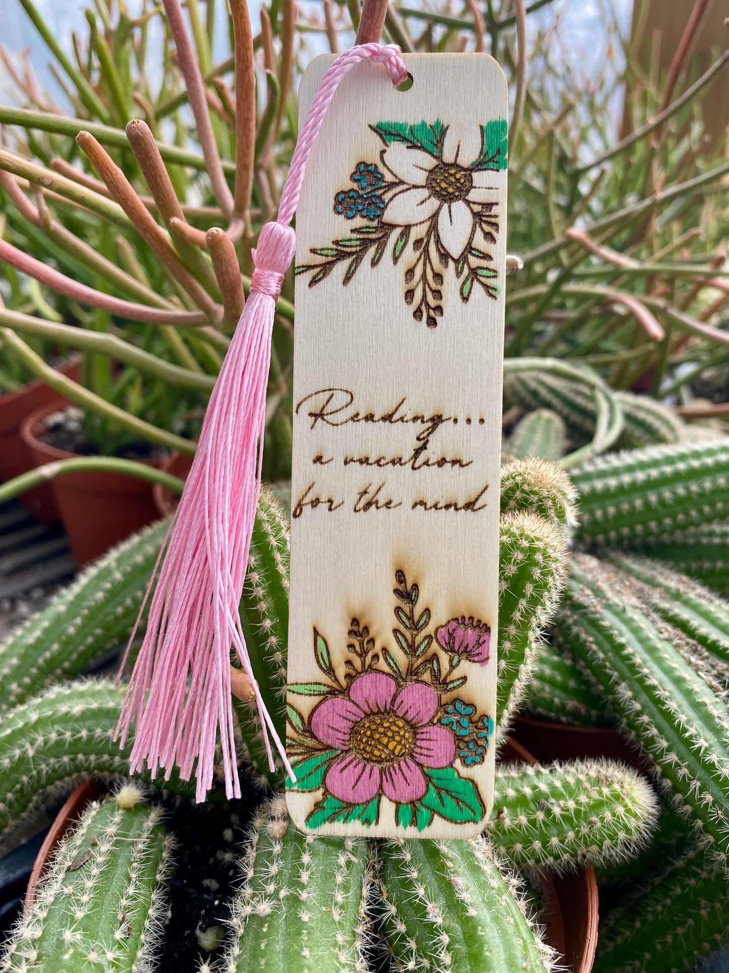 Bookmark Hand Painted Wood Engraved Read A Vacation