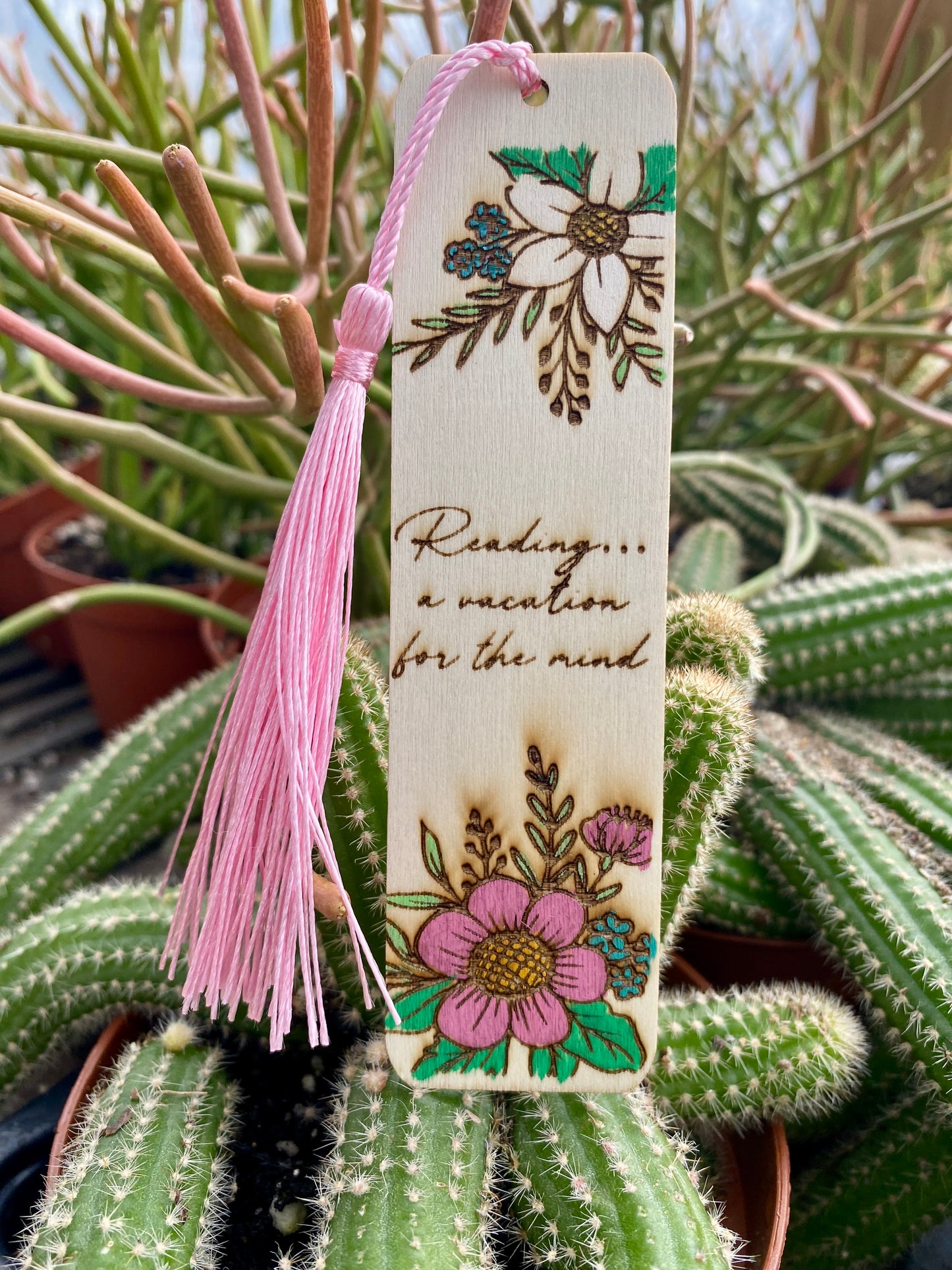 Bookmark Hand Painted Wood Engraved Read A Vacation