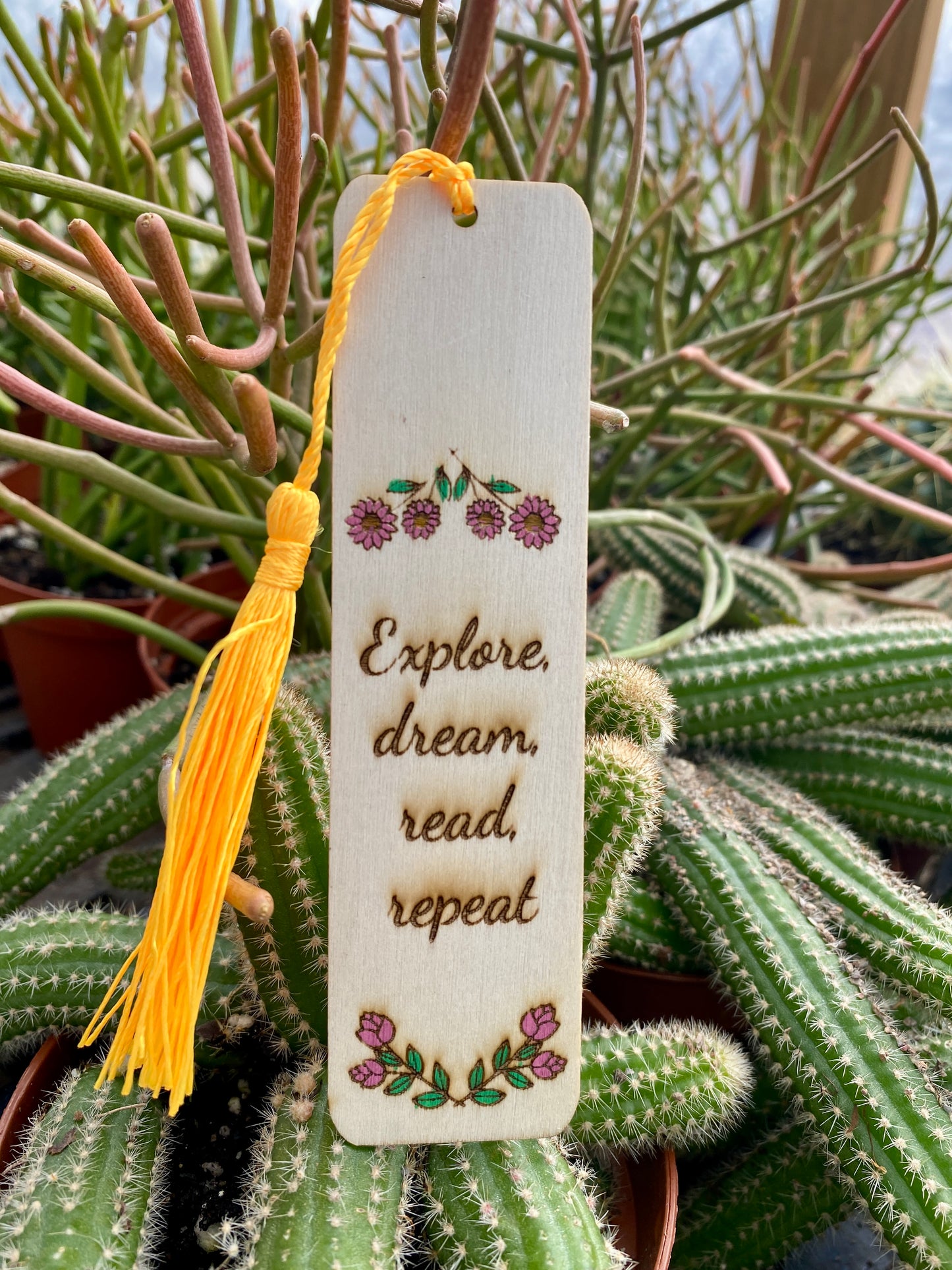 Bookmark Hand Painted Wood Engraved Explore Dream