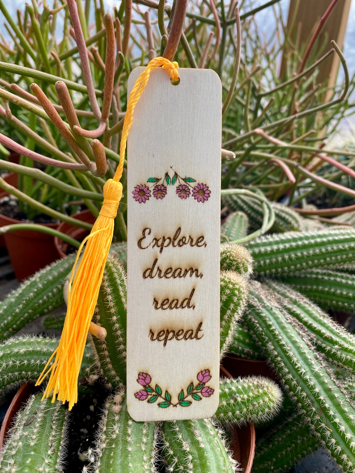 Bookmark Hand Painted Wood Engraved Explore Dream