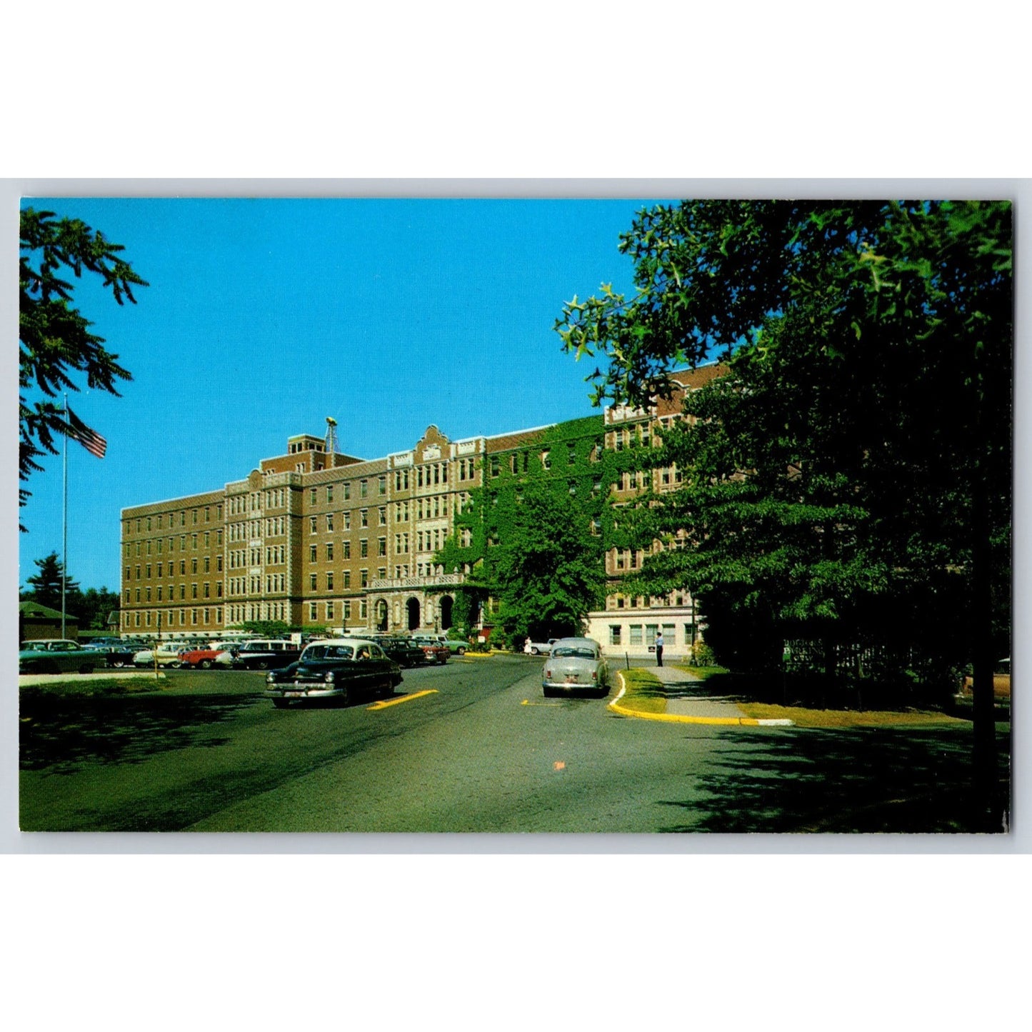 Newton MA Massachusetts Wellesley Hospital Old Cars 1950s Chrome Postcard