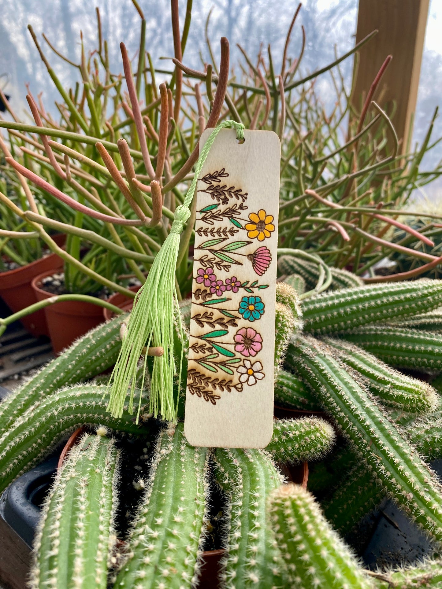 Bookmark Hand Painted Wood Engraved Spring Flowers