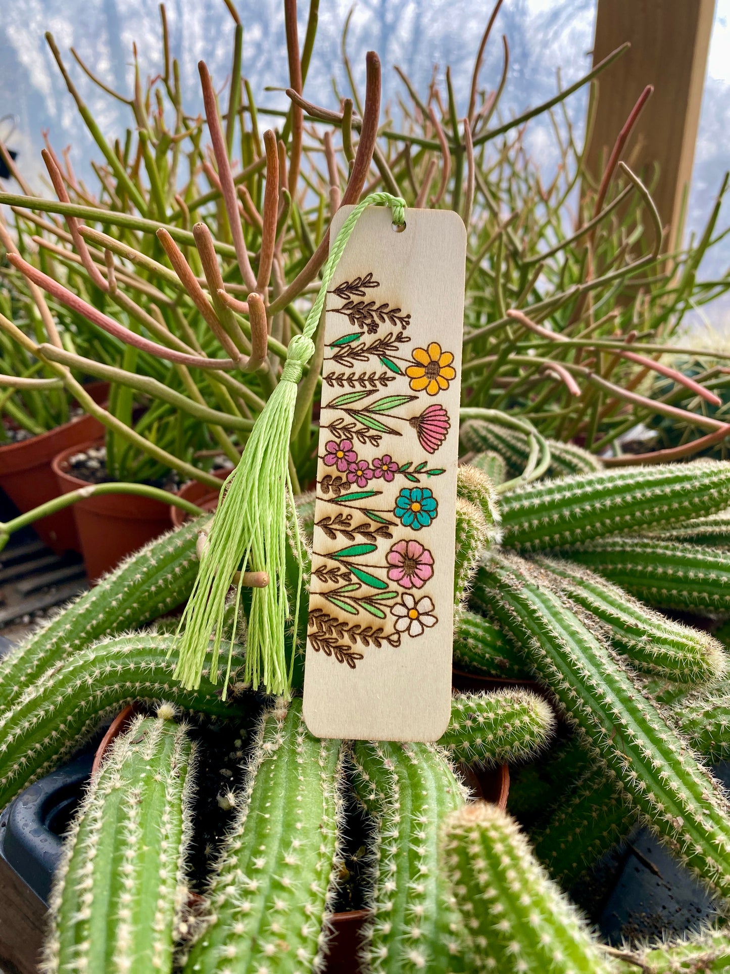 Bookmark Hand Painted Wood Engraved Spring Flowers