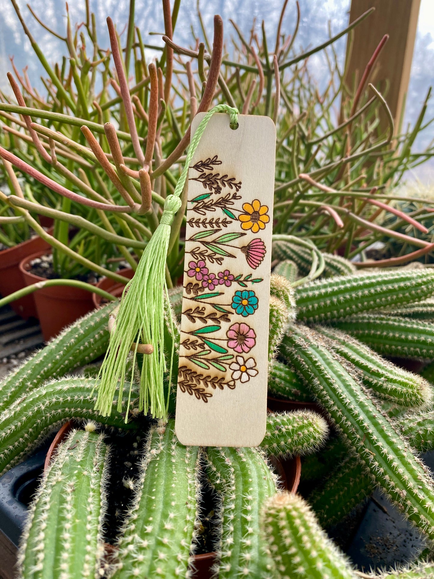 Bookmark Hand Painted Wood Engraved Spring Flowers