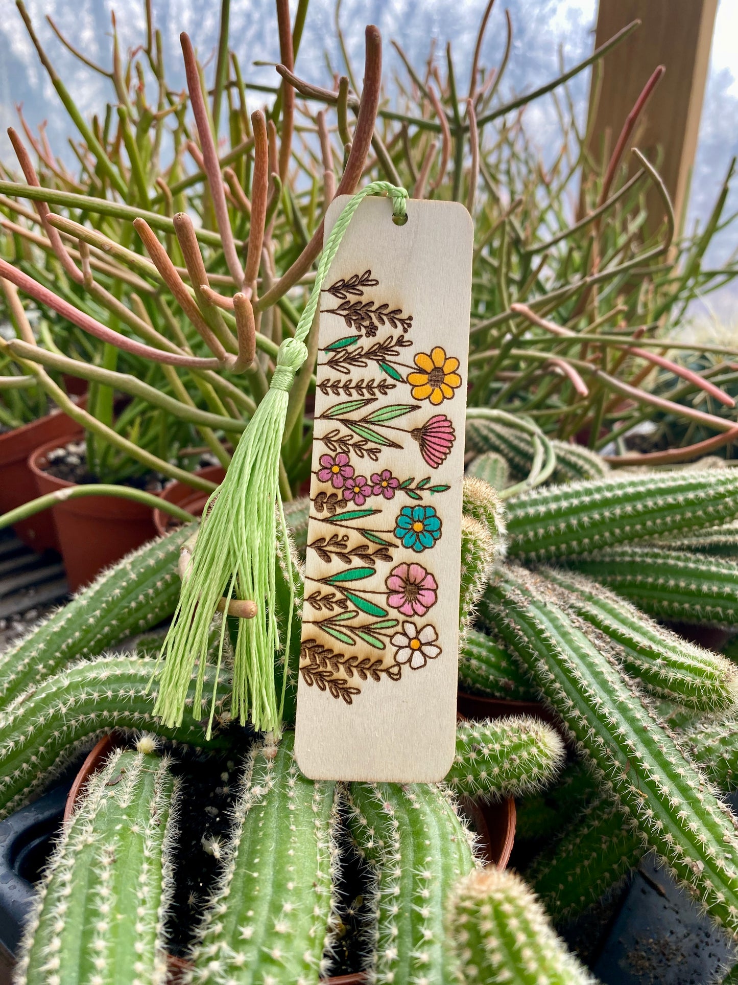 Bookmark Hand Painted Wood Engraved Spring Flowers