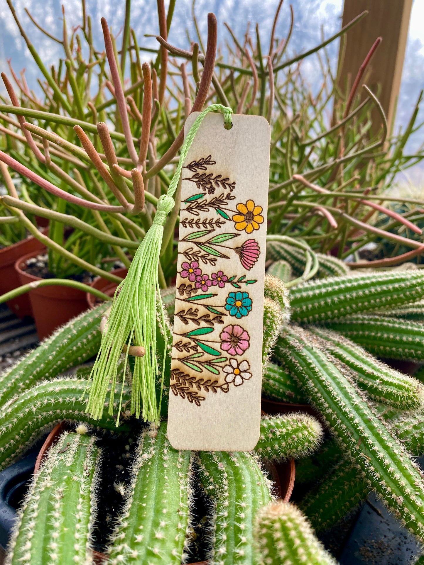 Bookmark Hand Painted Wood Engraved Spring Flowers