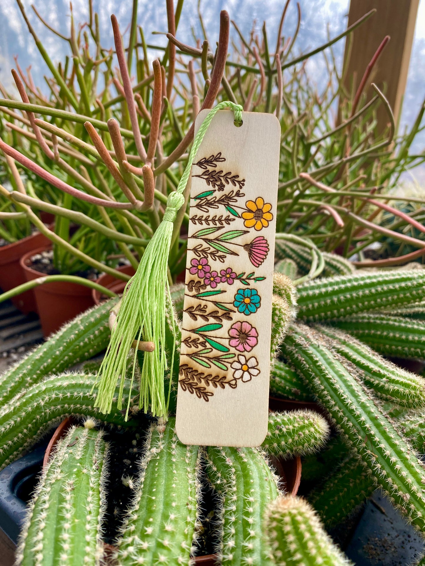 Bookmark Hand Painted Wood Engraved Spring Flowers